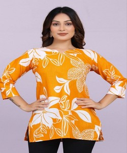 Haut en coton slub fantaisie à imprimé numérique, modèle 84945, jaune - Product Image 1