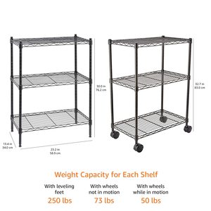 Basics 3 Tier Heavy Duty Storage Rack with Wheels | <b>Adjustable</b> Metal <b>Shelving</b> <b>Unit</b> Floor Mount (Black) - Product Image 2
