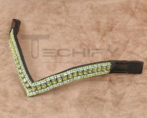 <b>Black</b> Leather Comfortable Horse Brow Band V-Shaped Green Bling Sparkly 3 Row Customized Grooming Accessory MS TECHIFY EXPORTS - Product Image 3