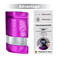 Sachet Mylar anti-odeur de qualité alimentaire, pochette verticale violette refermable pour emballage de snacks, noix et chocolat avec fenêtre