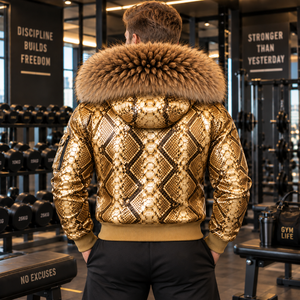 Men's Genuine Python Leather Bomber Jacket with <b>Fox</b> <b>Fur</b> Hood Luxury Motorcycle Biker <b>Coat</b> | Herren Lederjacke | Chaqueta Hombre - Product Image 4