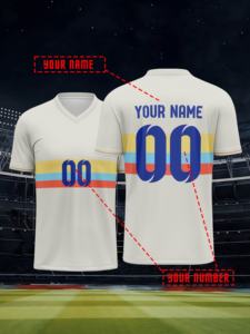 Camiseta de Fútbol Personalizada para Hombre, Color Crema, Diseño Retro a Rayas, Transpirable, Cuello en V, con Nombre Personalizado - Product Image 6
