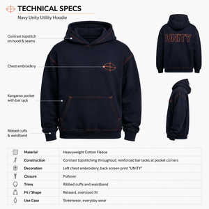 เสื้อฮู้ดดี้ผู้ชายผ้าฝ้ายฟลีซ 380GSM สีกรมท่า แต่งตะเข็บสีส้ม สไตล์สตรีทแวร์ แห้งเร็ว เป็นมิตรกับสิ่งแวดล้อม - Product Image 5