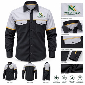 Ropa de Trabajo para Hombre, Camisa de Algodón de Manga Larga con Botones, Gris y Negro con Parches, Uniforme Antipolvo - Product Image 5