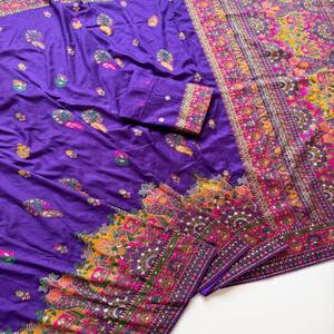 VASTRA COTTAGE Sari de Seda Pura Rajwadi Pashmina con Pallu de Hilo Cachemir, Borde Pesado y Borlas, con Pieza de Blusa - Product Image 2