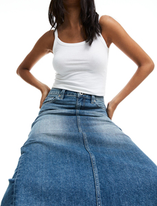 Falda midi de mezclilla de algodón para mujer, cintura alta, corte recto, lavado desgastado, dobladillo deshilachado, estilo casual para oficina - Product Image 5