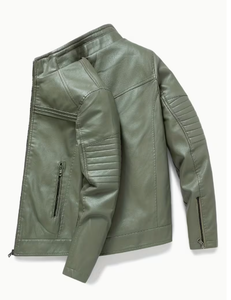TRIBON SPORTS Men's Olive Green <b>Leather</b> Bomber <b>Jacket</b> Stand Collar Zipper Closure Slim Fit Regular Length Solid Color Breathable - Product Image 6