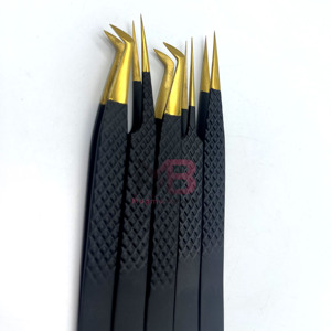 Ensemble de pinces à cils plaquées or, outils de précision pour extensions de cils, pointe lisse, manche noir, outil de beauté - Product Image 6