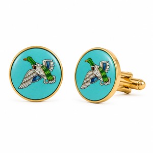 Mancuernillas de Latón Esmaltado Hechas a Mano con Diseño de Pato Mallard Volador, Base Turquesa, Acabado en Tono Dorado, Regalo Formal para Ocasiones Unisex - Product Image 1