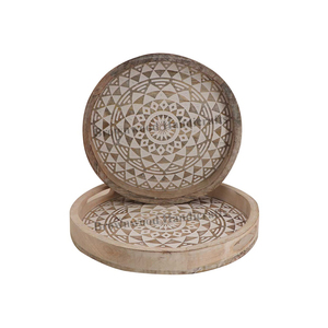 Excellent Quality White <b>Wash</b> Color Solid Mango Wood Handmade Round Food Serving Tray with Handles <b>Set</b> of 2 for Restaurants - Product Image 1