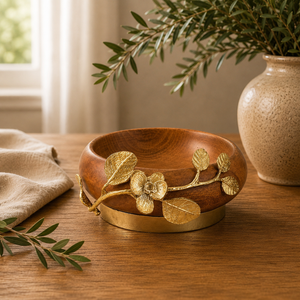 Bol de service artisanal en bois de manguier naturel avec poignée en laiton doré de luxe, bol décoratif artisanal pour fruits et en-cas - Product Image 5