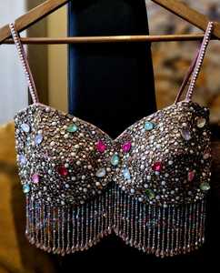 COTTON COUTURE Débardeur bustier pour femme, orné de perles et de paillettes, vert émeraude, à franges, style corset bralette, motif géométrique, sexy - Product Image 6