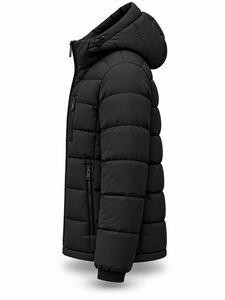 Veste matelassée à capuche noire pour homme, imperméable, coupe-vent, fermeture éclair, logo sur le devant, rembourrage en polyester, manteau décontracté d'hiver - Product Image 4