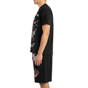 Ensemble T-shirt et short pour homme, noir, coton, ourlet brut, style streetwear, imprimé, tenue d'été, col rond, respirant - Product Image 3