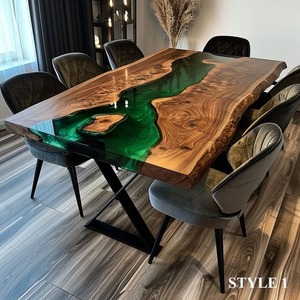 Améliorez votre espace de vie : Notre table à manger en résine à bord naturel, fabriquée à la main, moderne, extensible, écologique et durable, idéale pour l'entrée d'un hôtel - Product Image 1