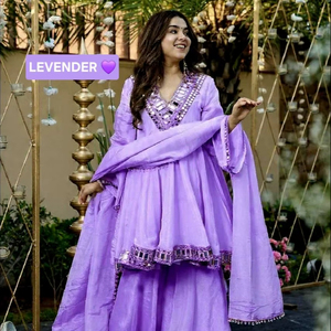 Ensemble Kurti Plazzo tendance coupe trapèze avec col orné de miroirs véritables - Product Image 1