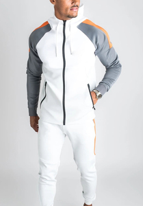 Survêtement unisexe blanc, gris et orange à blocs de couleur, à capuche, manches longues, fermeture éclair, style sportif, avec poches latérales, hiver, éco-responsable - Product Image 4