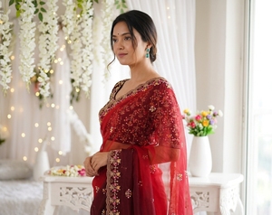 AARA Fashion <b>Red</b> Embroidered Silk Saree <b>Blouse</b> for Wedding Women Traditional Indian Bridal Wear Floor Length Regular Fit Sun - Product Image 5