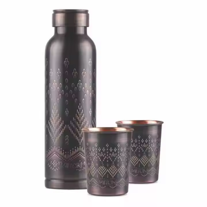 Matte Black Engraved Copper Water Bottle with Glass Set Premium Reusable Designer Drinkware for Home Office Travel Gift - Product Image 1