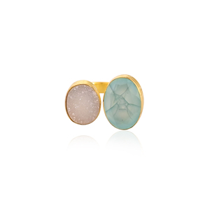 White Druzy Aqua Chalcedony <b>Two</b> <b>Stone</b> <b>Ring</b> Gold Plated Adjustable Fashion Jewelry for Women - Product Image 1