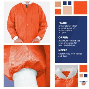 Unisex giacca da laboratorio Unisex da 29 pollici arancione usa e getta 50 Gsm SMS con 3 tasche a bottone con polsini in maglia anteriore 100 abbigliamento da lavoro lungo fino ai fianchi PPE - Product Image 3