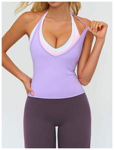 Débardeur de yoga pour femme en polyester/nylon respirant à col en V avec logo personnalisé sur le devant, coupe ajustée sans coutures pour l'entraînement - Product Image 2