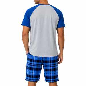 Ensemble de pyjama décontracté Fasmic International pour homme, en coton 100% respirant, à manches courtes, à carreaux bleus, avec poches, pour l'hiver - Product Image 6