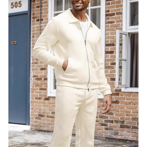 Men's Cream Cotton <b>Knitted</b> Tracksuit <b>Set</b> Stand Collar Casual Sportswear Breathable Solid Color Spring Wear - Product Image 4
