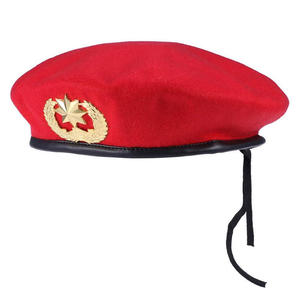 <b>Red</b> <b>Wool</b> Beret With Gold Star Emblem Formal Hat For Adults Unisex Four Seasons Wear 56-58CM - Product Image 3