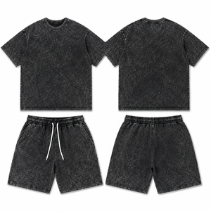 Men’s Acid Wash T Shirt Shorts Set 100% Cotton Oversized <b>Drop</b> Shoulder Vintage Washed 2 Piece Summer Streetwear Outfit - Product Image 1