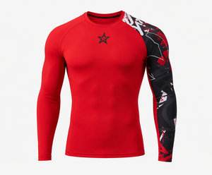 T-shirt de compression haute qualité pour homme, séchage rapide, sportif, logo personnalisable, sublimation, imprimé rouge contrastant, col rond, protection anti-UV, vêtement de sport - Product Image 1