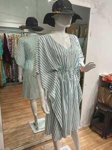 V-Neck Striped <b>Kaftan</b> Dress With Drawstring Elastic Waist Loose Fit Cap Sleeve Midi Length 100% Cotton <b>Summer</b> Casual Wear - Product Image 2