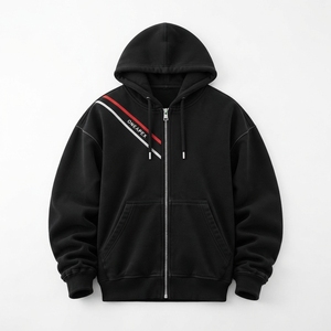 Custom Black <b>Full</b> <b>Zip</b> Hoodie Diagonal Stripe Detail Oversized Streetwear Hooded <b>Sweatshirt</b> - Product Image 2
