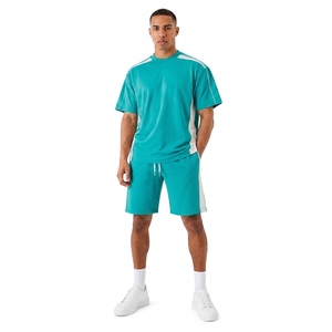 Ensemble de t-shirts sportifs turquoise pour hommes avec rayures blanches, col rond, séchage rapide, shorts tricotés, vêtements décontractés d'été - Product Image 1