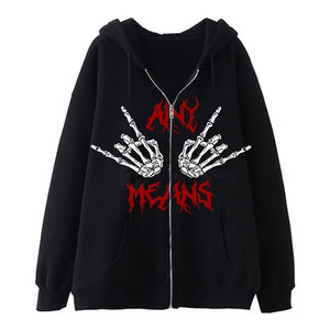 Sudadera con capucha gótica unisex negra de forro polar con estampado de manos de esqueleto, estilo oversize para otoño - Product Image 1