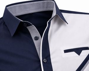 Camisa de Vestir para Hombre en Color Beige y Azul Marino con Bloques de Color, Manga Larga, Cuello Clásico, Estilo Casual Elegante, Tela Popelina, para Primavera - Product Image 2