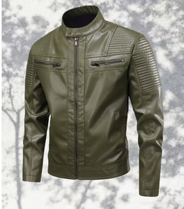TRIBON SPORTS Men's Olive Green Cowhide Leather Bomber <b>Jacket</b> Stand Collar Zipper Closure <b>Slim</b> <b>Fit</b> Winter Casual Embroidered - Product Image 6