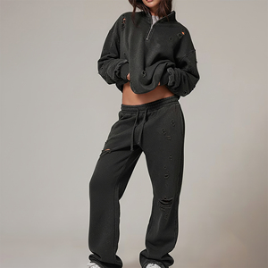 Ensemble de survêtement pour femme en coton 100% épais, coupe oversize, couleur unie, avec dentelle, style Hip Hop, personnalisable avec logo sérigraphié, vente en gros, collection hiver 2 - Product Image 2