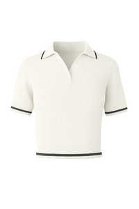 Polo à manches courtes en tricot côtelé pour femme avec bordure contrastée, tissu extensible et doux, haut décontracté pour les commandes de marque et en gros - Product Image 2