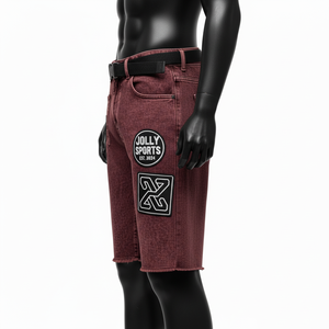 Premium Acid Wash Burgundy Denim <b>Shorts</b> Thick Cotton Denim Raw Hem Custom Chenille <b>Patch</b> Logo Acid wash <b>men's</b> <b>shorts</b> - Product Image 2