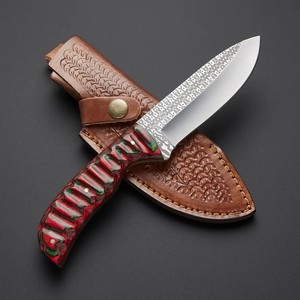 Cuchillo de hoja fija de acero 3Cr13 grabado al ácido, mango de madera, funda de cuero, OEM, espiga completa, para bushcraft, camping y uso general. - Product Image 1