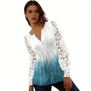 Oferta Especial en Blusa Elegante con Patrón Sólido y Mangas de Encaje Calado, Cuello en V, Abotonada, Camisa Casual para Damas, Primavera - Product Image 3