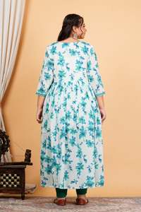 Kurta Anarkali Azul de Algodón con Estampado Floral para Mujer, con Dupatta, Cuello en V, Bordado, Mangas Tres Cuartos, Diseño Étnico Global - Product Image 5