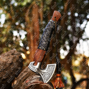 Custom Hand Forged Viking <b>Bearded</b> Axe High Carbon Steel Valknut Etched Hatchet Leather Wrap Handle Battle Axe Sheath - Product Image 3