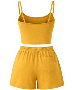 Mustard Yellow Women Camisole And Shorts <b>Set</b> Summer Two Piece Outfit Cotton Blend Crop Top Drawstring Shorts Casual Lounge <b>Set</b> - Product Image 2