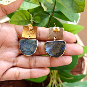 Natural flash labradorite <b>drop</b> earrings textured brass gold plated bezel set Smooth gemstone wholesale pushback closure jewelry - Product Image 2
