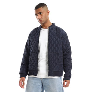 Men's Quilted Bomber Jacket Solid Navy Blue <b>Covered</b> <b>Button</b> Closure Casual Winter Wear Regular Fit 100% Wool Outerwear Patchwork - Product Image 6