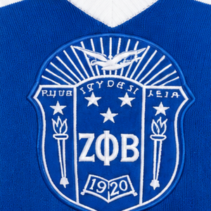 Zeta Phi Beta Knit V Neck Sweater <b>Women</b> <b>Royal</b> <b>Blue</b> White Stripe Sleeve Embroidered Crest Dove 1920 Pullover <b>Jumper</b> Sorority - Product Image 5