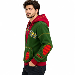 Sweat-shirt à capuche zippé vert pour homme avec poche contrastante rouge et lettres brodées, style streetwear décontracté pour l'hiver - Product Image 5