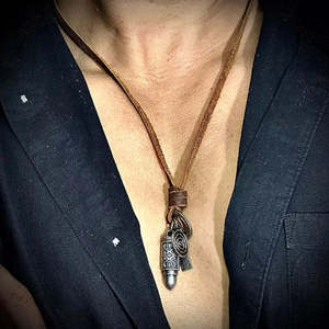 Vintage Alloy Gold Bullet Pendant Necklace with Adjustable Pure Leather Cord for Men & Boys - Product Image 1